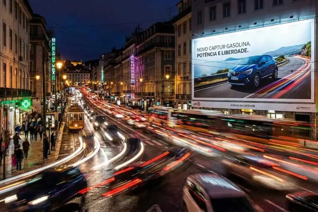 O "novo tabaco": mais de 50 cidades proíbem publicidade a combustíveis fósseis 3 Publicidade a combustíveis fósseis de noite ! imagem gerada por IA