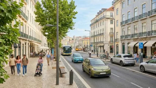 Mobilidade Elétrica: votar com a carteira 9 carros elétricos numa rua de lisboa num dia de sol, com famílias a passear nos largos passeios | imagem gerada por ia