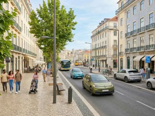 Mobilidade Elétrica: votar com a carteira 5 carros elétricos numa rua de lisboa num dia de sol, com famílias a passear nos largos passeios | imagem gerada por ia