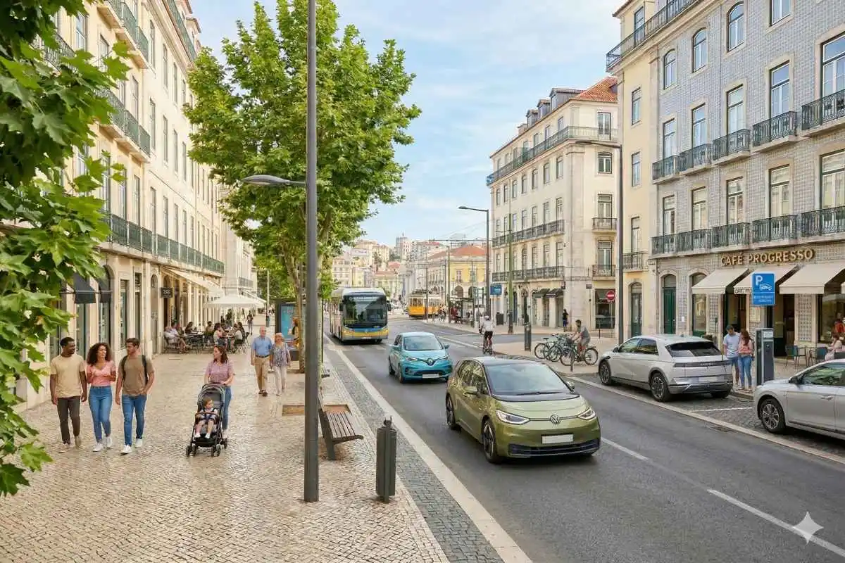 Mobilidade Elétrica: votar com a carteira 2 carros elétricos numa rua de lisboa num dia de sol, com famílias a passear nos largos passeios | imagem gerada por ia