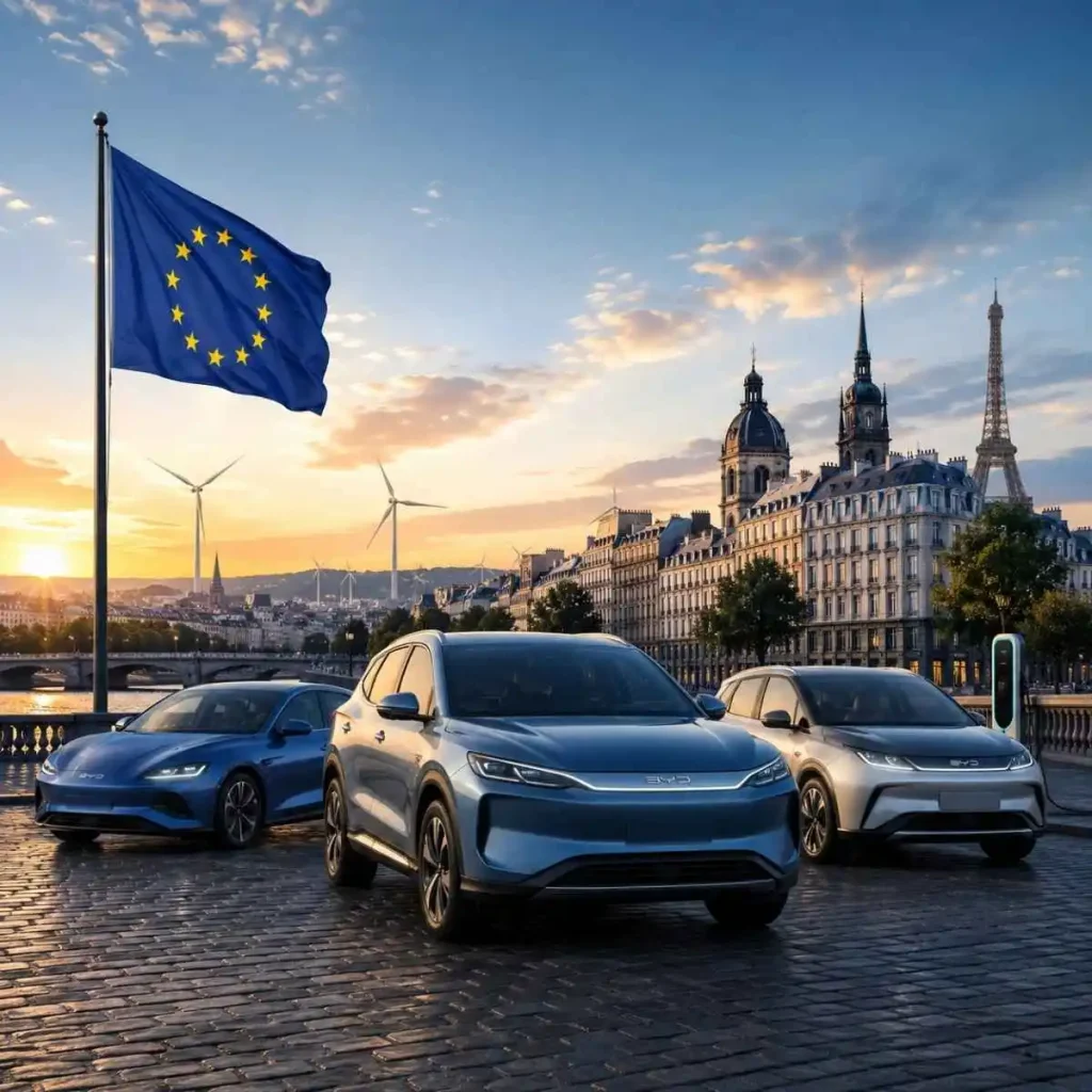 BYD vende 73.000 carros em três meses na Europa 3 BYD Seal, Atto 3 e Atto 2 numa paisagem dominada por vários marcos europeus e pela bandeira da UE | imagem gerada por IA