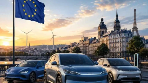 BYD vende 73.000 carros em três meses na Europa 7 BYD Seal, Atto 3 e Atto 2 numa paisagem dominada por vários marcos europeus e pela bandeira da UE | imagem gerada por IA