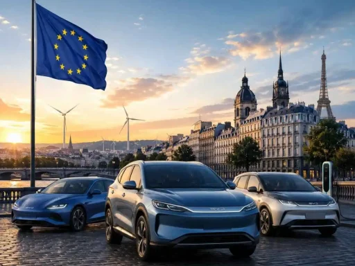 BYD vende 73.000 carros em três meses na Europa 5 BYD Seal, Atto 3 e Atto 2 numa paisagem dominada por vários marcos europeus e pela bandeira da UE | imagem gerada por IA