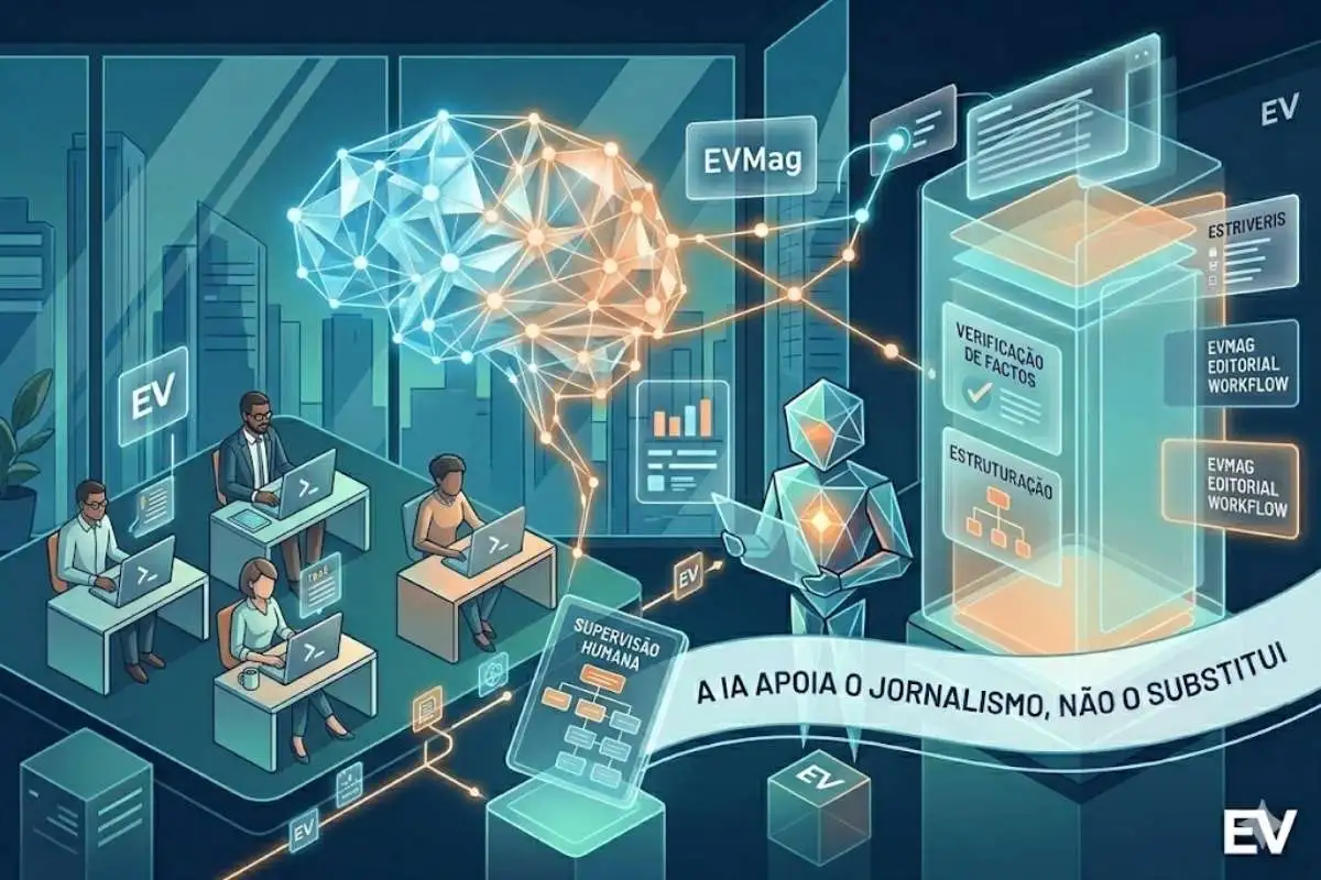 Como usamos a IA 2 Política de IA. Imagem ilustrativa da página com o texto: A IA apoia o jornalismo, não o substitui