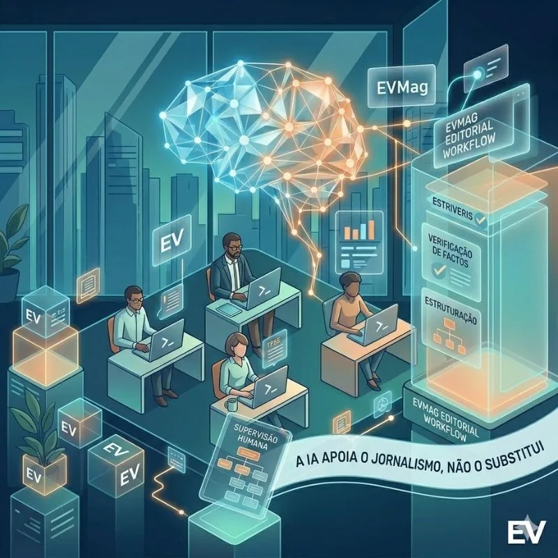 Como usamos a IA 3 Política de IA. Imagem ilustrativa da página com o texto: A IA apoia o jornalismo, não o substitui