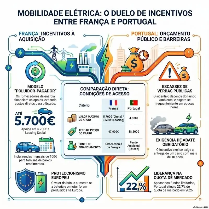 Apoios à compra de carros elétricos em França pagos pelos fornecedores de energia 7 Infografia diferença de soluções portugal frança