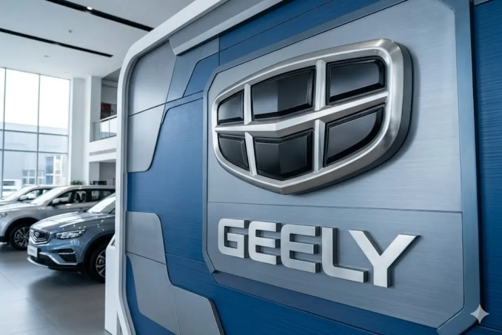 Dicas práticas para comprar um carro elétrico usado 9 Logotipo da Geely num stand | imagem gerada por IA