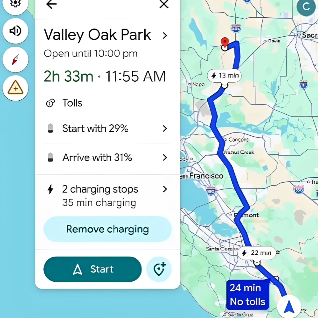 Google Maps passa a planear viagens de carro elétrico com IA 3 Imagem do Google Maps com as paragens para carregamento assinaladas.