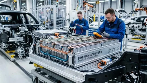 LFP ou NMC: o que a química da bateria nos diz 9 trabalhadores montam uma bateria LFP | imagem gerada por IA