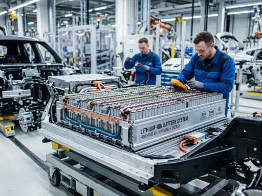 LFP ou NMC: o que a química da bateria nos diz 4 trabalhadores montam uma bateria LFP | imagem gerada por IA