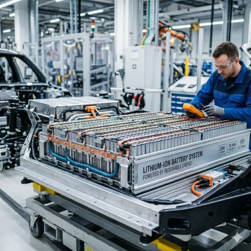 LFP ou NMC: o que a química da bateria nos diz 3 Bateria LFP a ser montada | imagem gerada por IA