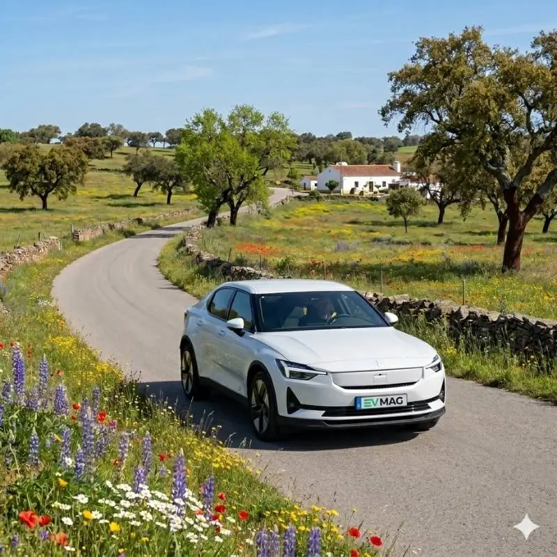 Citroën ë-C3 Autonomia Urbana chega por 19.900€ 7 Polestar 2 MY 2026numa estrada do alentejo num dia primaveril | imagem gerada por IA