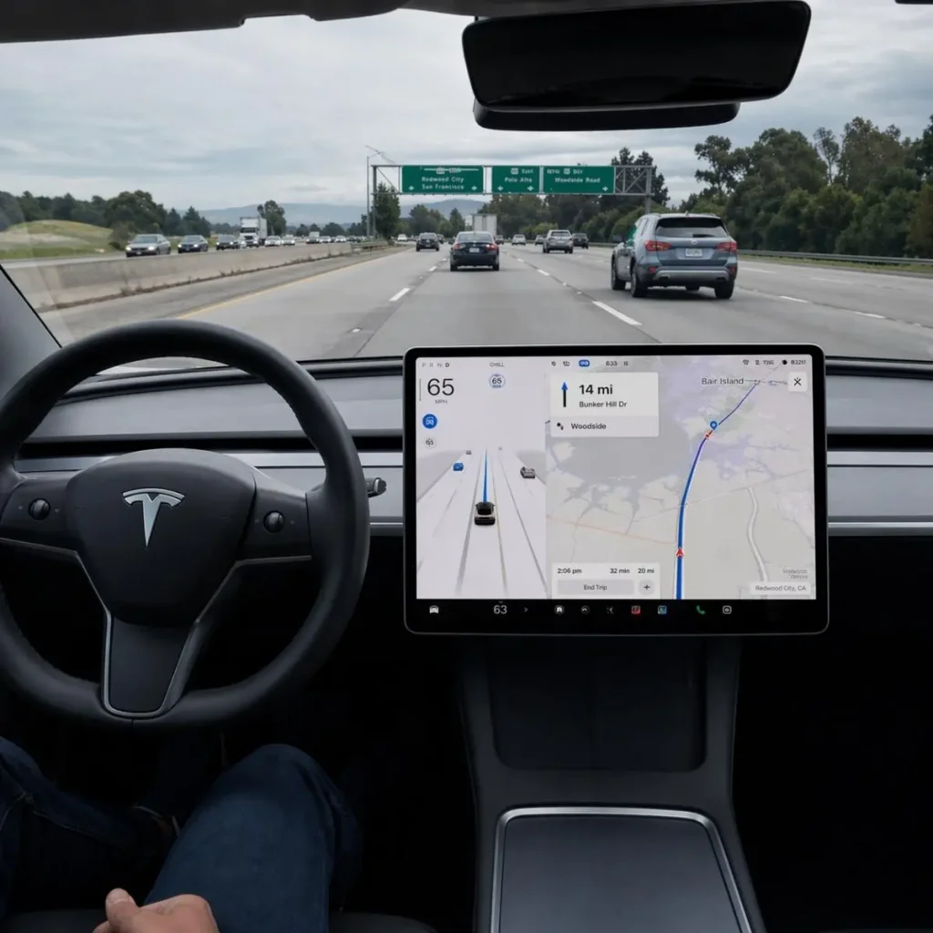 Aprovação do Tesla FSD Supervised gera interesse e pode estender-se à Europa 5 Tesla FSD a funcionar em plena estrada, com o condutor sem mãos no voltante | imagem gerada por IA