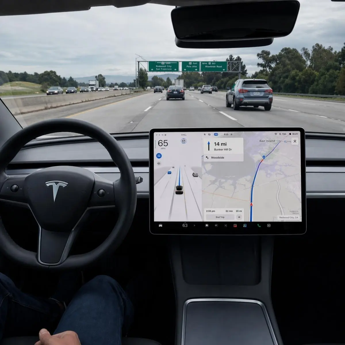 Aprovação do Tesla FSD Supervised gera interesse e pode estender-se à Europa 2 Tesla FSD a funcionar em plena estrada, com o condutor sem mãos no voltante | imagem gerada por IA