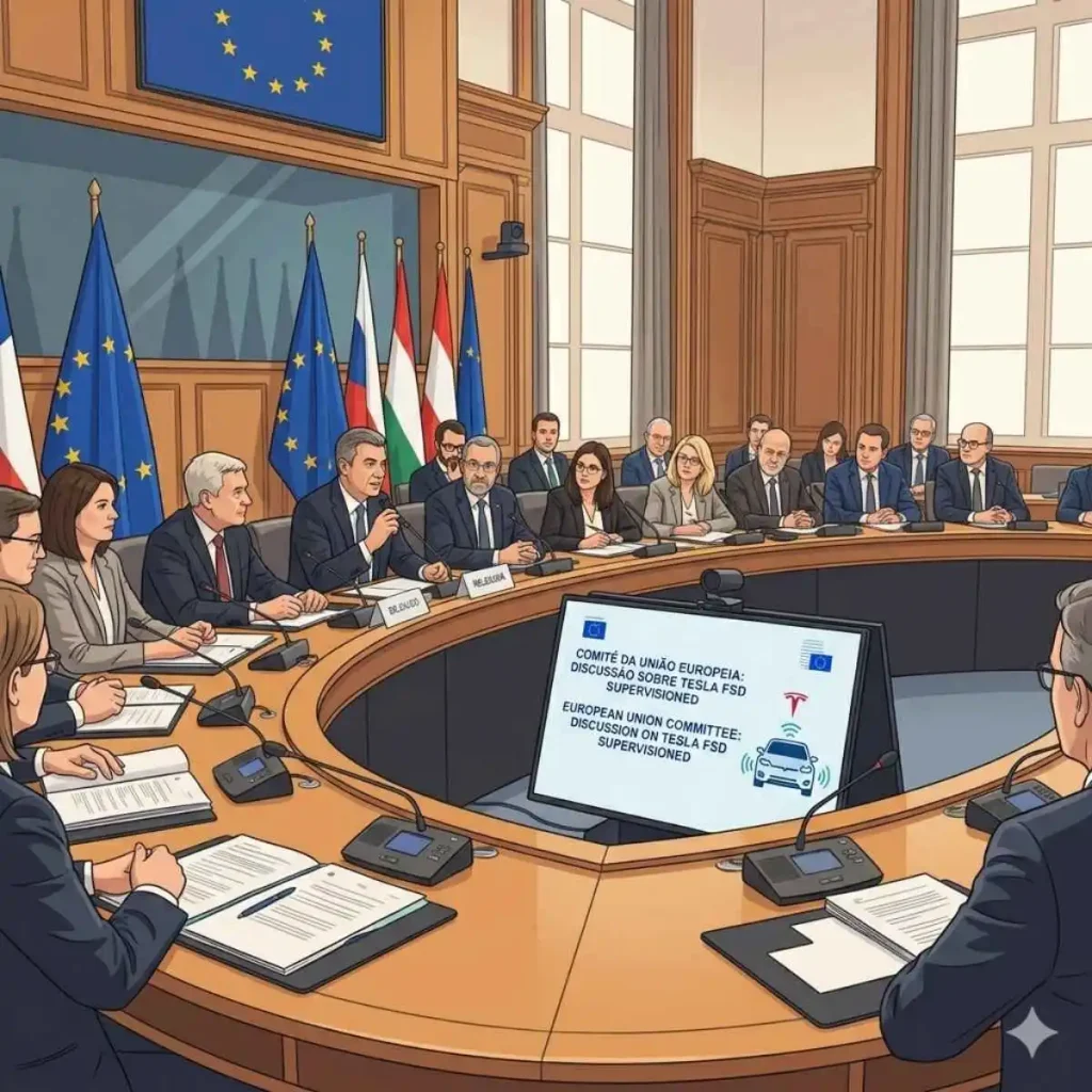 Aprovação do Tesla FSD Supervised gera interesse e pode estender-se à Europa 3 ilustração de reunião de comissão na UE | Imagem gerada por IA