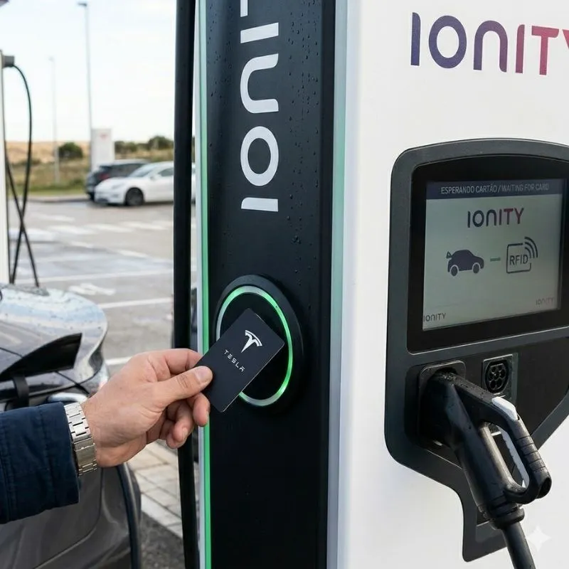 Tesla MultiPass chega a Portugal: carregar em redes externas com a conta Tesla 3 O cartão-chave da Tesla a ativar um posto de carregamento da Ionity com o Tesla Multipass