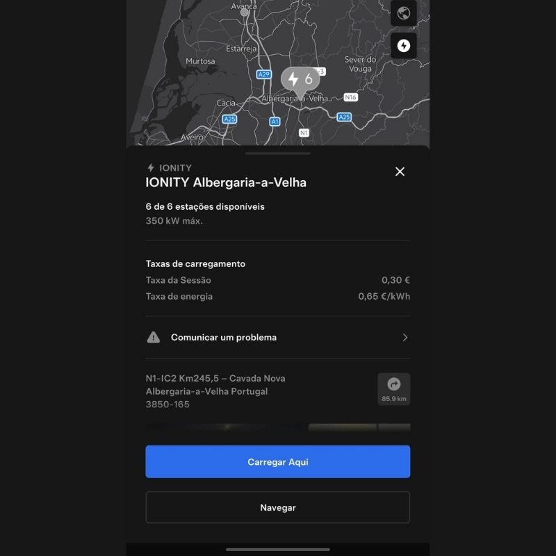 Tesla MultiPass chega a Portugal: carregar em redes externas com a conta Tesla 4 O ecrã da aplicação onde se vê os postos da Ionity onde é possível carregar com o multipass