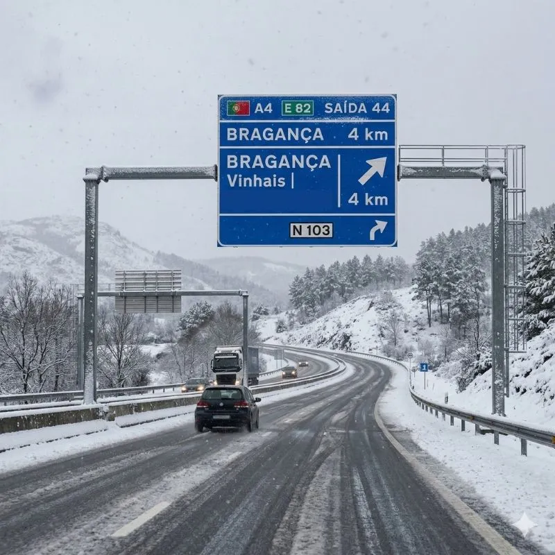 WLTP vs. estrada: os quilómetros que o teu elétrico realmente faz 5 No inverno, as auNum dia em que já nevou, vê-se a placa da autoestrada de saída para Bragança