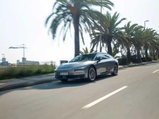 Xpeng P7+ em Portugal com chip de IA e carregamento em 12 minutos 5 Um Xpeng Pt+ em marcha numa rua com palmeiras