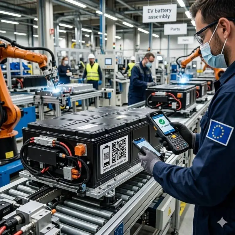 As baterias dos carros elétricos ganham segunda vida: a nova indústria de milhares de milhões que está a nascer 7 baterias na linha de montagem com o código QR | imagem gerada por IA