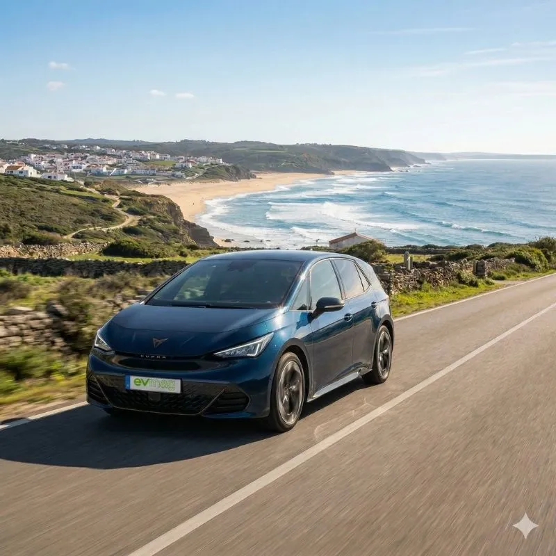 Portugal tem o quarto melhor clima para elétricos na Europa 3 Um cupra elétrico na costa vicentina, a rodar num dia com bom clima, vendo-se ao fundo o mar | imagem gerada por IA