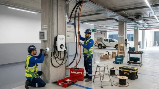 Construções novas obrigadas a ter carregamento nas garagens 7 eletricistas instalam um posto de carregamento na garagem de um prédio em construção | imagem gerada por IA