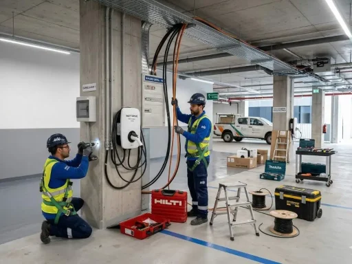 Construções novas obrigadas a ter carregamento nas garagens 4 eletricistas instalam um posto de carregamento na garagem de um prédio em construção | imagem gerada por IA