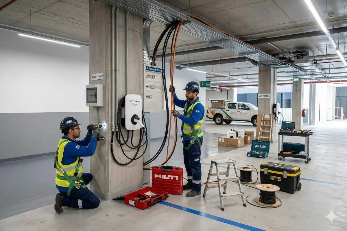 Construções novas obrigadas a ter carregamento nas garagens 2 eletricistas instalam um posto de carregamento na garagem de um prédio em construção | imagem gerada por IA