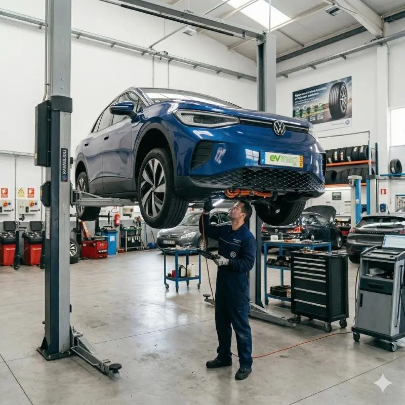 Guia para comprar o primeiro carro elétrico sem traumas 7 o primeiro carro elétrico a ser inspecionado numa oficina !imagem gerada por IA