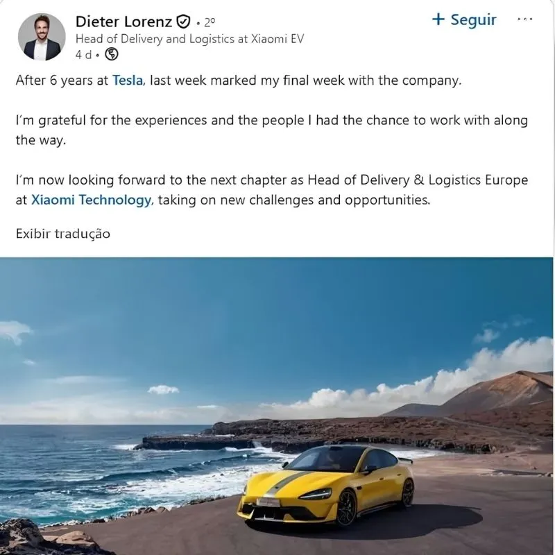 Xiaomi recruta responsável da Tesla para liderar logística na Europa 3 A publicação em que confirma que foi recrutado pela Xiaomi