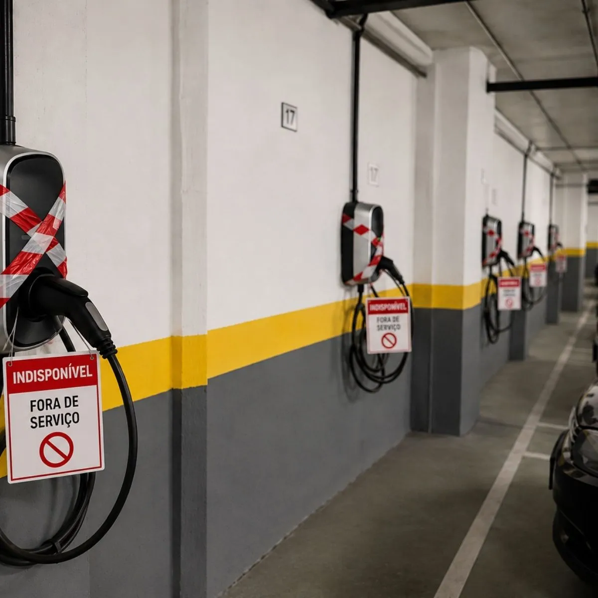 Centenas de postos de carregamento por ligar: UVE exige solução 2 Numa garagem, wallboxes estão vedadas com fitas e inscrição "Indisponível; fora de serviço". É com esta imagem que a UVE ilustra o problema