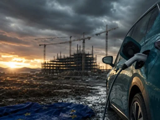 Enfraquecer metas de CO2 custa 34 fábricas de baterias à UE, alerta T&E 4 Em dia de tempestade, com o céu plúmbeo, um carro elétrico carrega e ao fundo vê-se uma fábrica inacabada. No chão, a bandeira da UE. Este é o cenário imaginado se as metas de CO2 forem alteradas | imagem gerada por IA