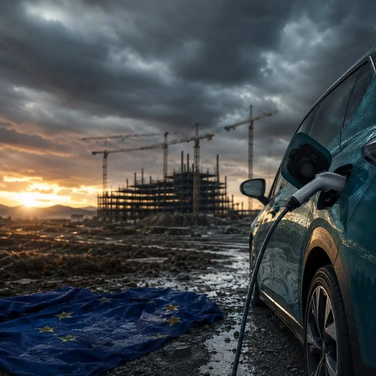 Enfraquecer metas de CO2 custa 34 fábricas de baterias à UE, alerta T&E 2 Em dia de tempestade, com o céu plúmbeo, um carro elétrico carrega e ao fundo vê-se uma fábrica inacabada. No chão, a bandeira da UE. Este é o cenário imaginado se as metas de CO2 forem alteradas | imagem gerada por IA