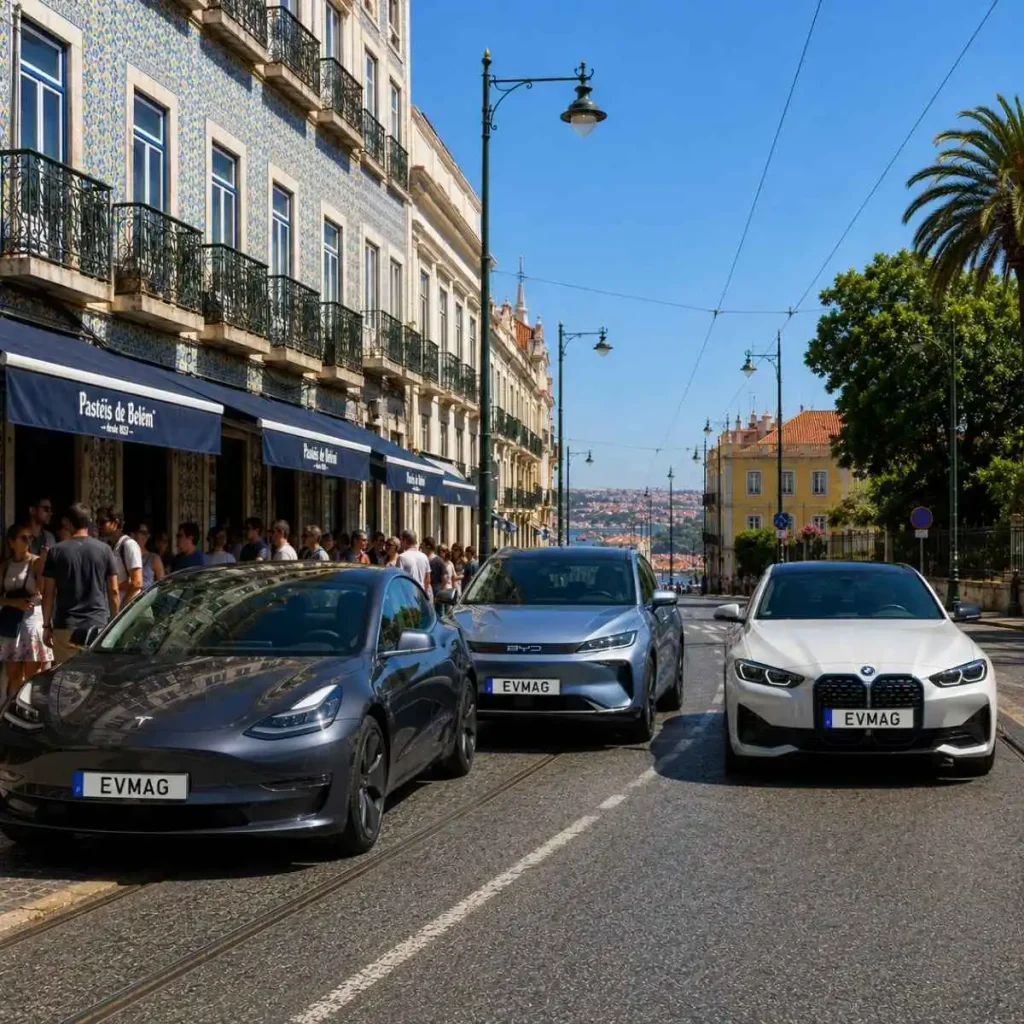 Novo Nissan LEAF em pré-venda. já conhecemos o preço 8 carros elétricos em maio, imagem gerada por ia com um Tesla, um BYD e um BMW numa rua de lisboa