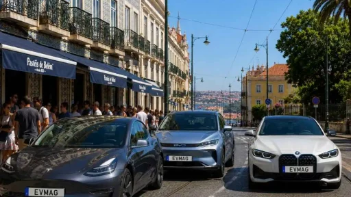 Recorde em maio: carros elétricos chegam a 27,9% do mercado 14 carros elétricos em maio, imagem gerada por ia com um Tesla, um BYD e um BMW numa rua de lisboa