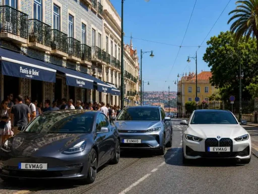 Recorde em maio: carros elétricos chegam a 27,9% do mercado 4 carros elétricos em maio, imagem gerada por ia com um Tesla, um BYD e um BMW numa rua de lisboa
