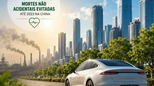 Estudo associa carros elétricos a 262.000 mortes evitadas na China 6 262.000 mortes evitadas na china. imagem ilustrativa com um carro elétrico e arranha céus modernos. ao fundo, uma paisagem industrial e poluente