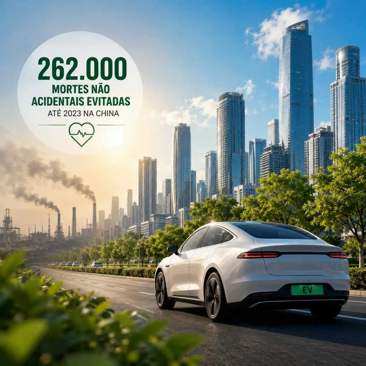 Estudo associa carros elétricos a 262.000 mortes evitadas na China 2 262.000 mortes evitadas na china. imagem ilustrativa com um carro elétrico e arranha céus modernos. ao fundo, uma paisagem industrial e poluente