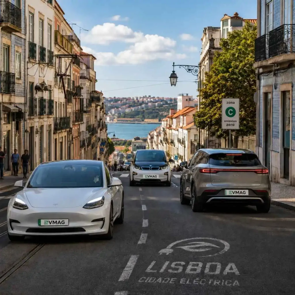 Novo Nissan LEAF já em Portugal desde 36.900 euros 8 carros elétricos numa rua de Lisboa - imagem gerada por IA