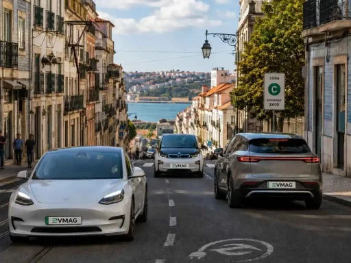 Portugal sobe ao 7.º lugar europeu da mobilidade elétrica 4 carros elétricos numa rua de Lisboa - imagem gerada por IA