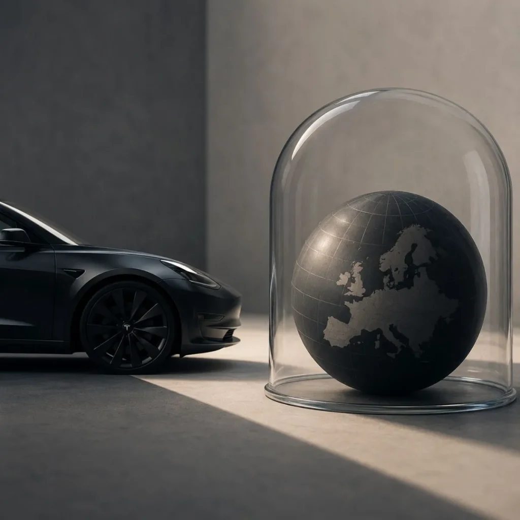 França recusa autorizar o Tesla FSD no estado atual 3 Frente de um Tesla ao lado de um globo terrestre dentro de uma redoma. Imagem gerada por IA que simboliza o facto de o Tesla FSD estar a encontrar resistência na Europa