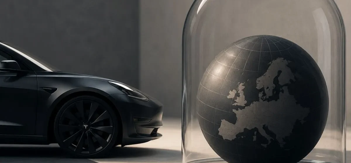 Frente de um Tesla ao lado de um globo terrestre dentro de uma redoma. Imagem gerada por IA que simboliza o facto de o Tesla FSD estar a encontrar resistência na Europa
