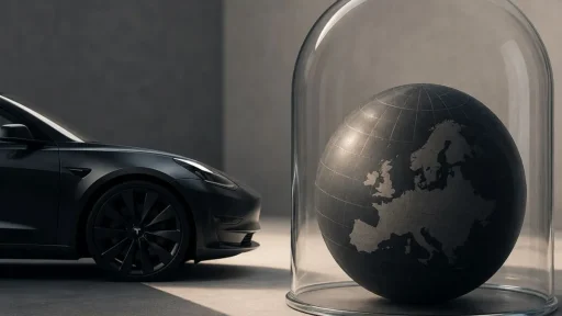 França recusa autorizar o Tesla FSD no estado atual 8 Frente de um Tesla ao lado de um globo terrestre dentro de uma redoma. Imagem gerada por IA que simboliza o facto de o Tesla FSD estar a encontrar resistência na Europa