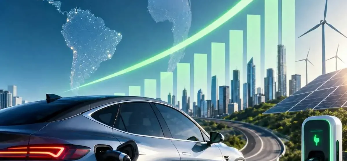 ilustração gerada por IA sobre o artigo. mostra um carro elétrico a carregar, um gráfico de barras a subir e a Terra como lua