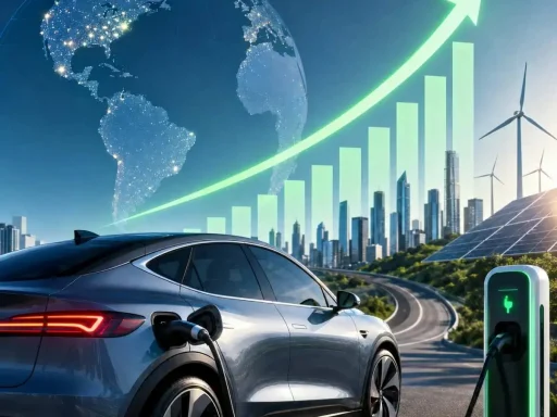 Vendas de carros elétricos sobem 35% a nível global 3 ilustração gerada por IA sobre o artigo. mostra um carro elétrico a carregar, um gráfico de barras a subir e a Terra como lua