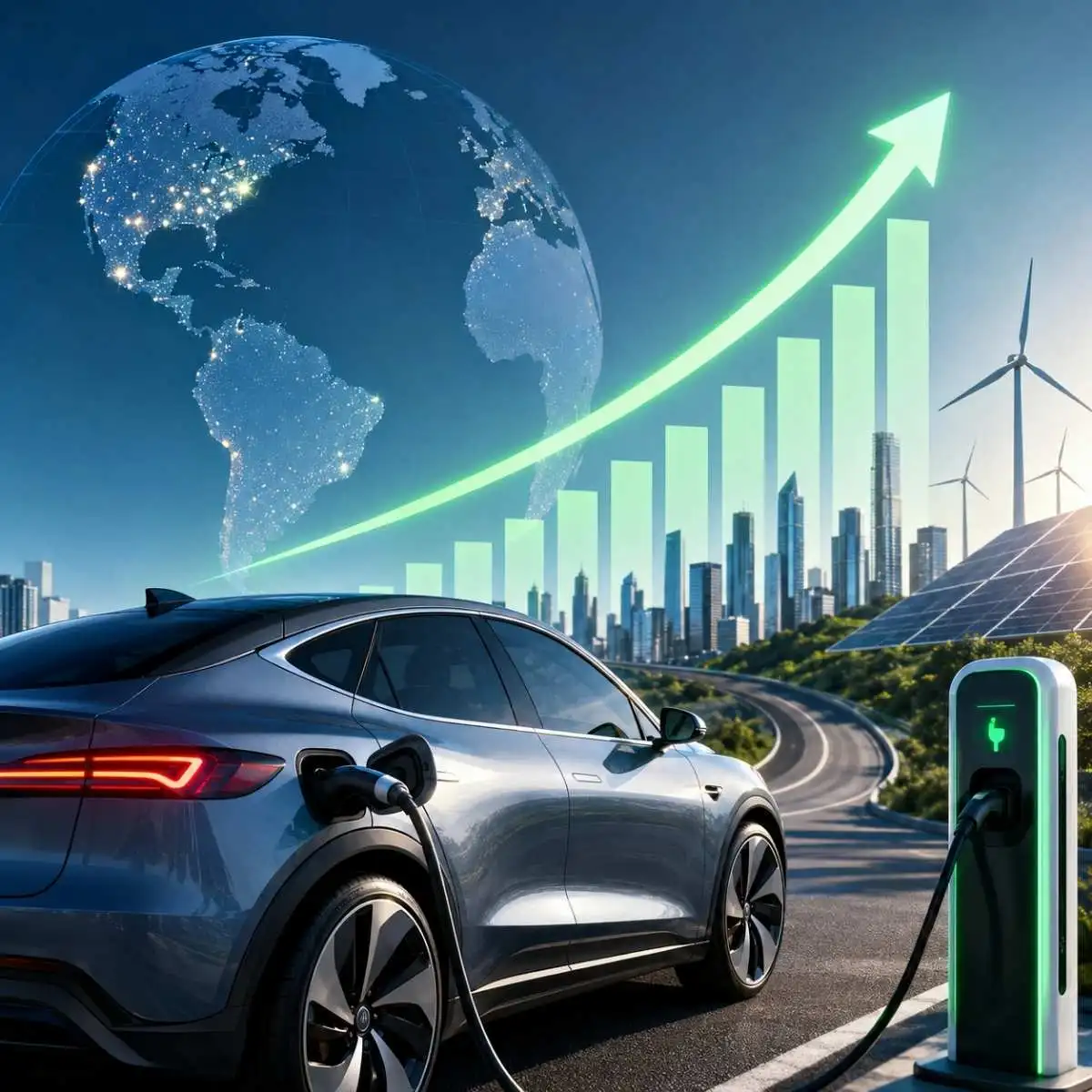 Vendas de carros elétricos sobem 35% a nível global 2 ilustração gerada por IA sobre o artigo. mostra um carro elétrico a carregar, um gráfico de barras a subir e a Terra como lua