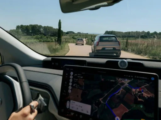 EX60, EX90 e ES90 a avisam outros Volvo sobre perigos na estrada 5 volvo avisam para perigos na estrada. imagem mostra o ecrã de um carro que circula numa estrada de terra batida, juntamente com outras viaturas
