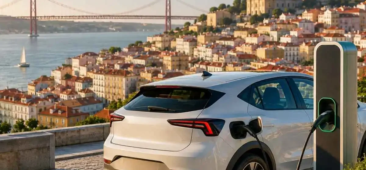 venda de carros elétricos em julho. A imagem, gerada por IA, mostrea um carro elétrico a carregar com lisboa e a ponte como fundo