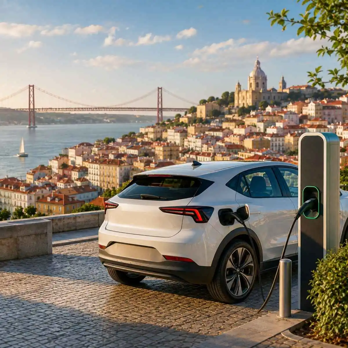 Carros elétricos chegam a 30,9% do mercado e crescem 54,3% em julho 2 venda de carros elétricos em julho. A imagem, gerada por IA, mostrea um carro elétrico a carregar com lisboa e a ponte como fundo