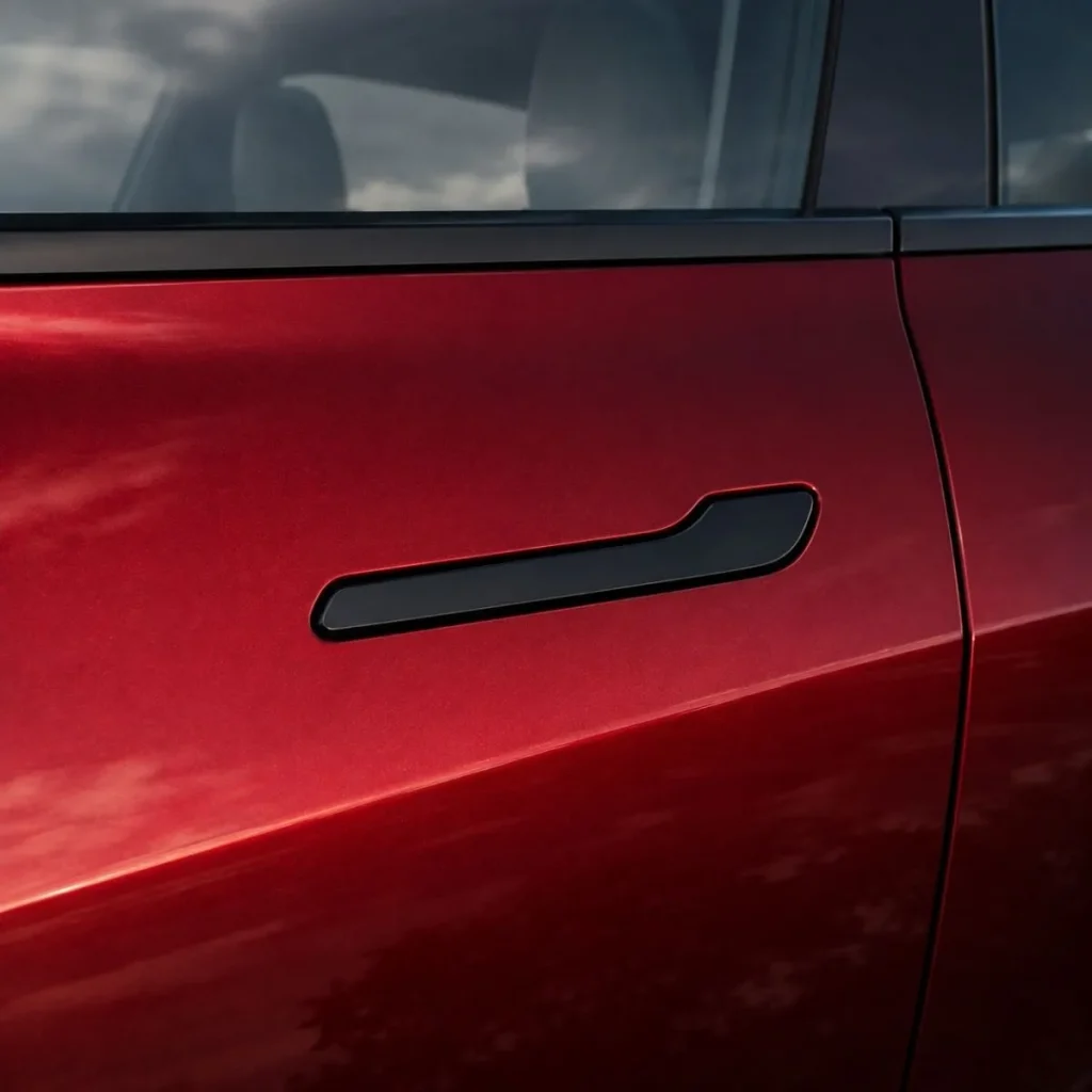 Recall da Tesla na Europa por causa das portas não é para já 3 plano aproximado de um puxador de porta de um Tesla. O recall da Tesla na europa não é para já
